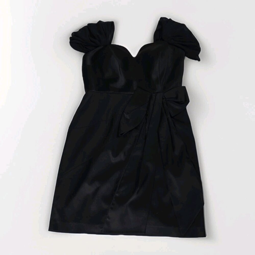 Catherine Malandrino Satin Dress XL Black Mini Lined Chiffon SS Bow LBD Cocktail - Picture 11 of 16